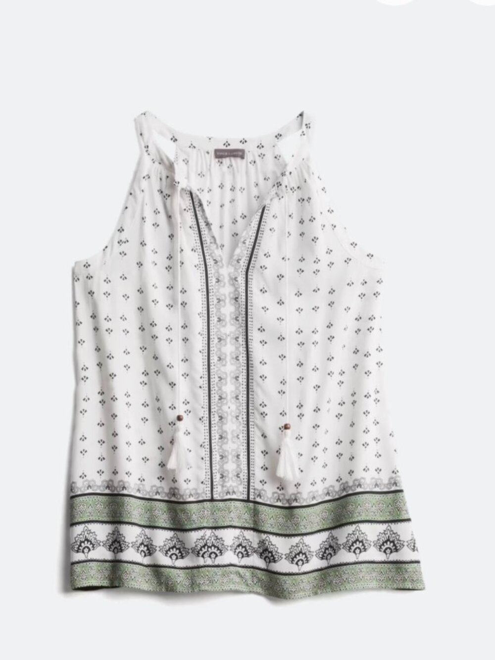 Vince Camuto Hannalea Split Neck Top White Black Olive Print Tassel Size Small